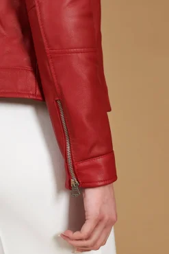 Donna D'Arienzo Linda - Giacca biker in pelle rossa nappa effetto liscio