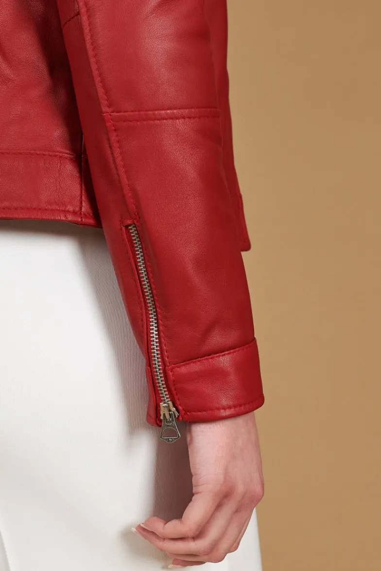 Donna D'Arienzo Linda - Giacca biker in pelle rossa nappa effetto liscio