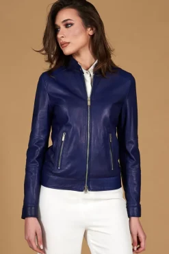 Donna D'Arienzo Linda - Giacca biker in pelle naturale bluette effetto liscio