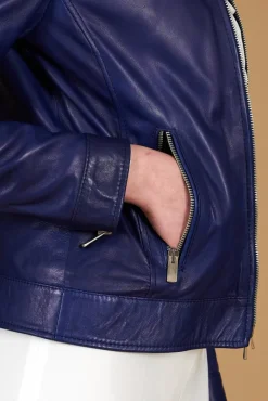 Donna D'Arienzo Linda - Giacca biker in pelle naturale bluette effetto liscio