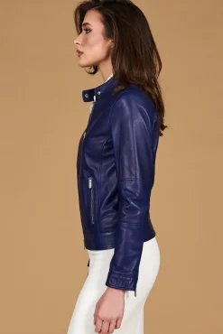 Donna D'Arienzo Linda - Giacca biker in pelle naturale bluette effetto liscio