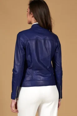 Donna D'Arienzo Linda - Giacca biker in pelle naturale bluette effetto liscio