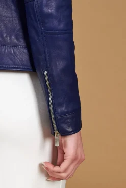 Donna D'Arienzo Linda - Giacca biker in pelle naturale bluette effetto liscio