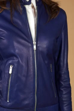 Donna D'Arienzo Linda - Giacca biker in pelle naturale bluette effetto liscio