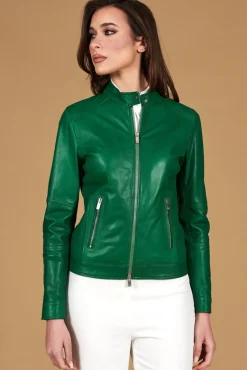 Donna D'Arienzo Linda - Giacca biker in pelle naturale verde effetto liscio