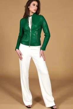 Donna D'Arienzo Linda - Giacca biker in pelle naturale verde effetto liscio