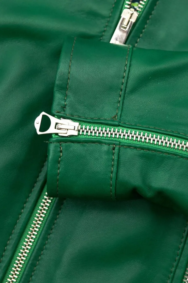Donna D'Arienzo Linda - Giacca biker in pelle naturale verde effetto liscio
