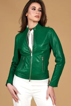 Donna D'Arienzo Linda - Giacca biker in pelle naturale verde effetto liscio