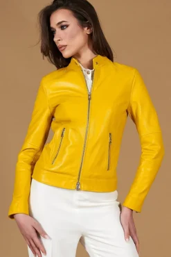 Donna D'Arienzo Linda - Giacca biker in pelle gialla nappa effetto liscio