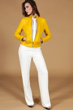 Donna D'Arienzo Linda - Giacca biker in pelle gialla nappa effetto liscio