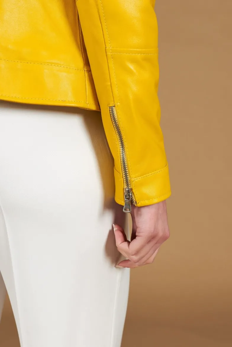 Donna D'Arienzo Linda - Giacca biker in pelle gialla nappa effetto liscio