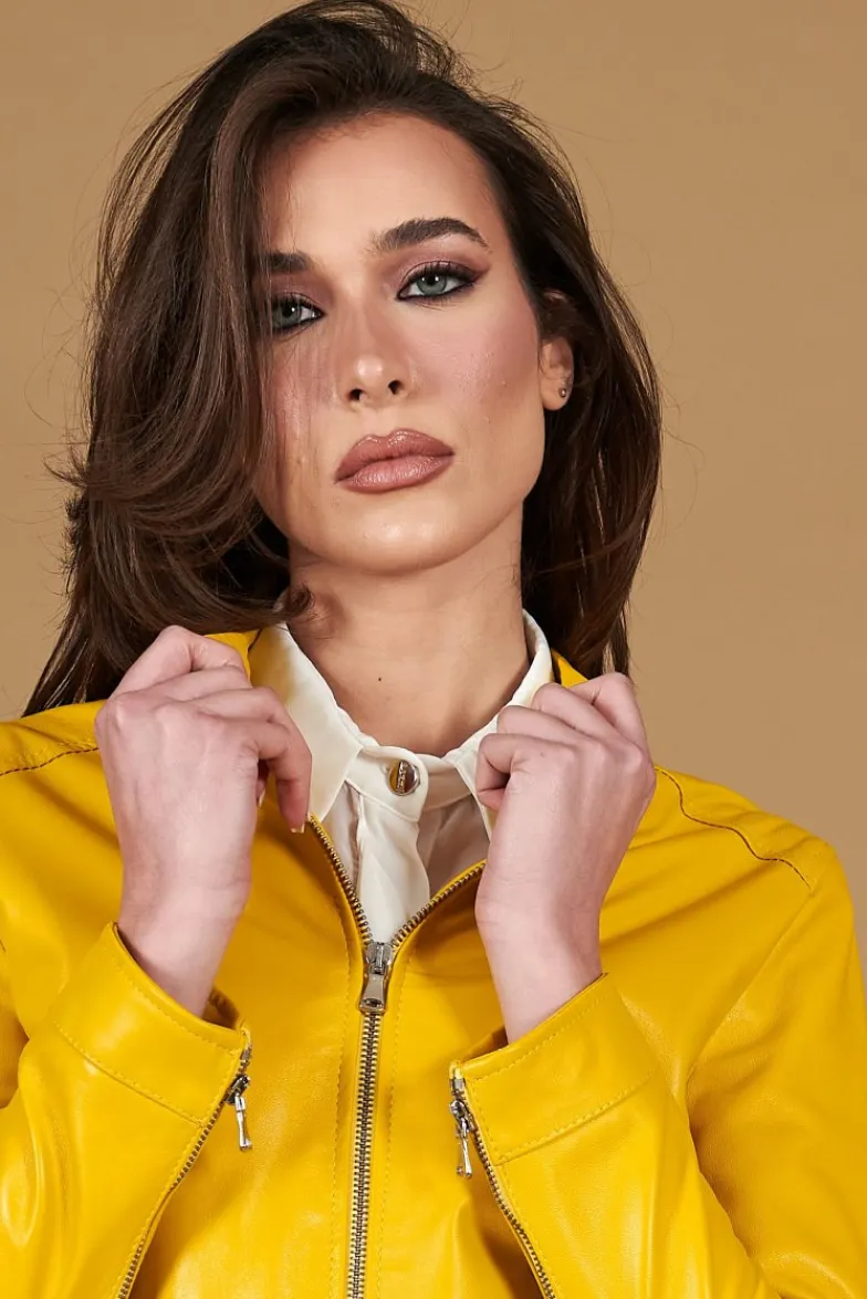 Donna D'Arienzo Linda - Giacca biker in pelle gialla nappa effetto liscio