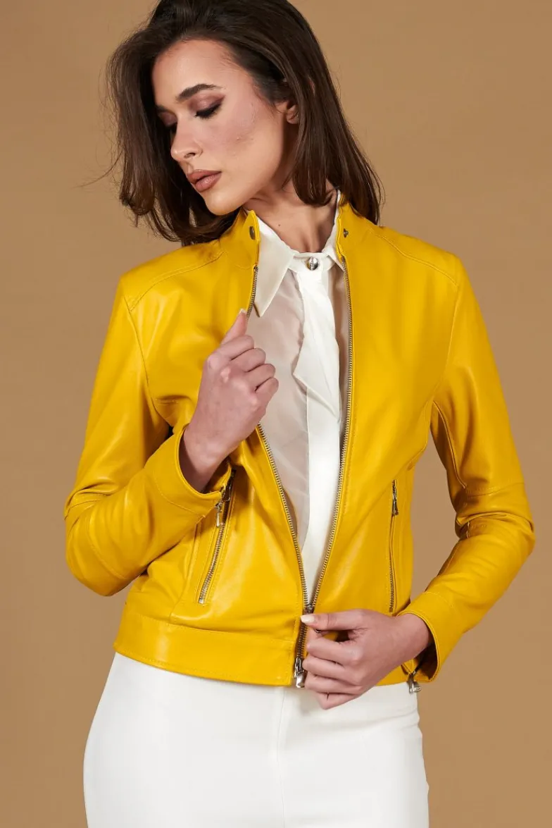 Donna D'Arienzo Linda - Giacca biker in pelle gialla nappa effetto liscio