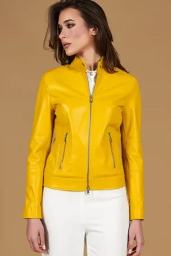 Donna D'Arienzo Linda - Giacca biker in pelle gialla nappa effetto liscio