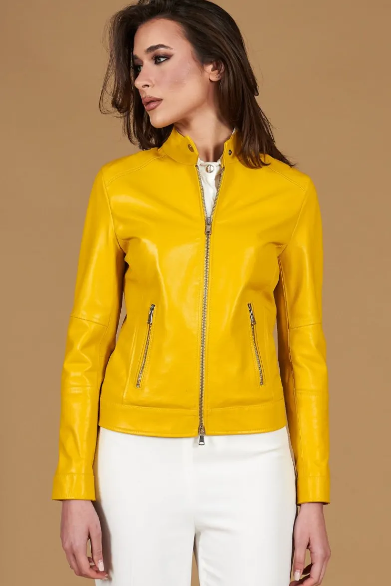Donna D'Arienzo Linda - Giacca biker in pelle gialla nappa effetto liscio