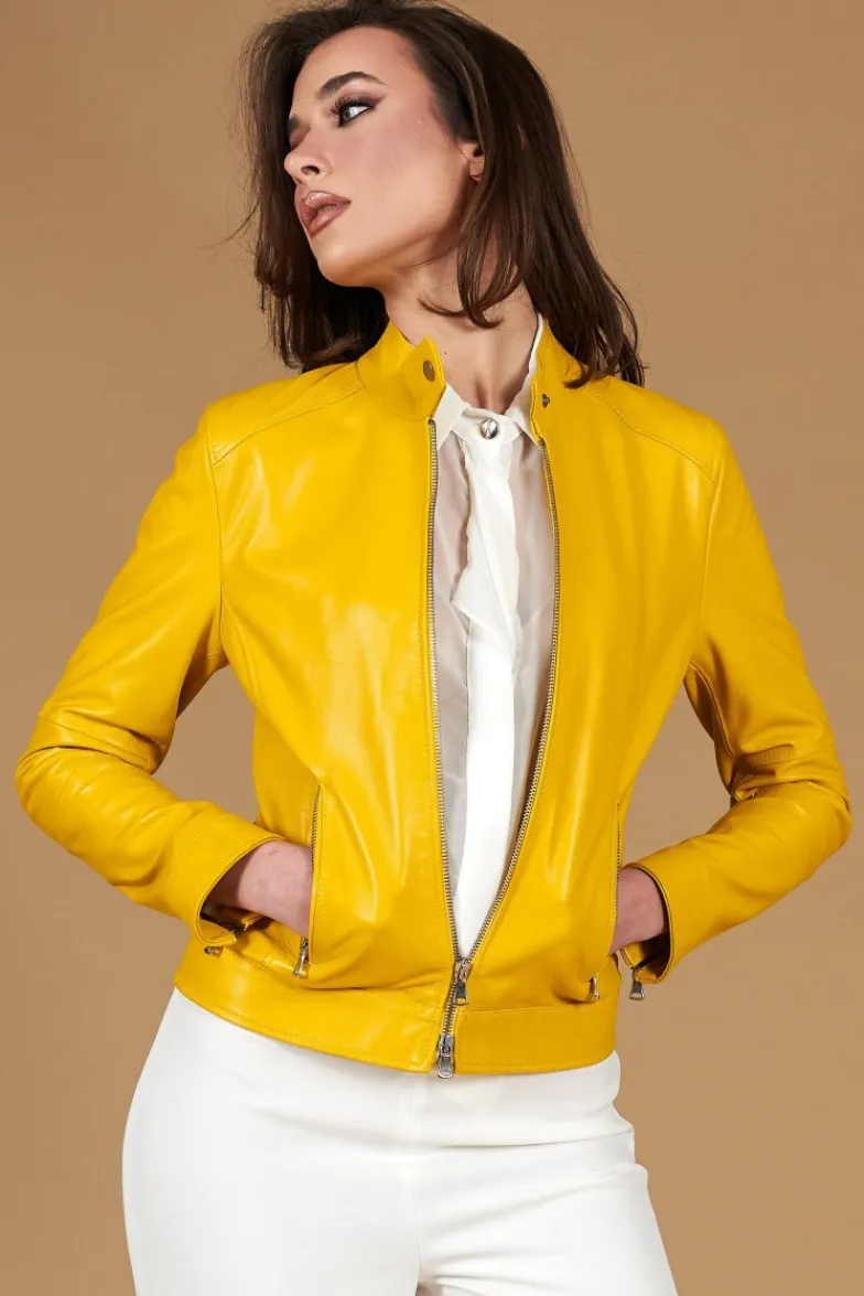 Donna D'Arienzo Linda - Giacca biker in pelle gialla nappa effetto liscio