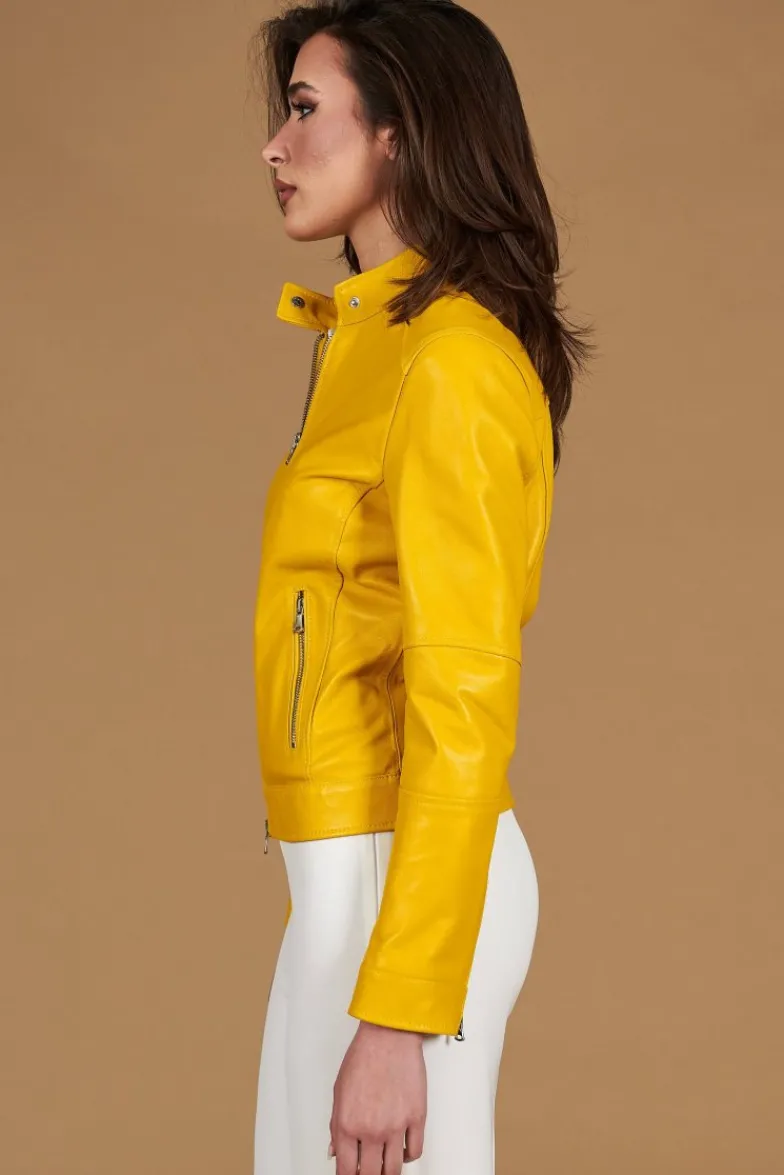 Donna D'Arienzo Linda - Giacca biker in pelle gialla nappa effetto liscio