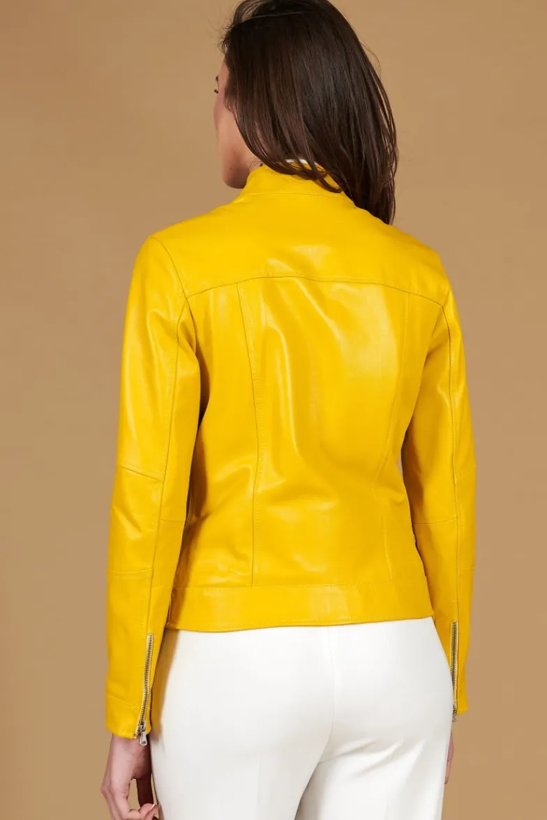 Donna D'Arienzo Linda - Giacca biker in pelle gialla nappa effetto liscio