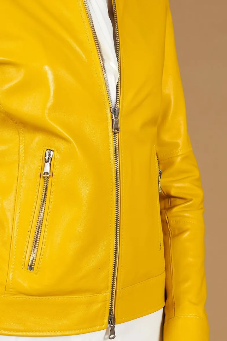 Donna D'Arienzo Linda - Giacca biker in pelle gialla nappa effetto liscio