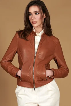 Donna D'Arienzo Linda - Giacca biker in pelle nappa traforata color cuoio effetto liscio