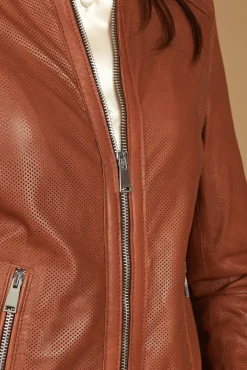 Donna D'Arienzo Linda - Giacca biker in pelle nappa traforata color cuoio effetto liscio