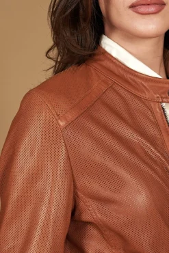 Donna D'Arienzo Linda - Giacca biker in pelle nappa traforata color cuoio effetto liscio