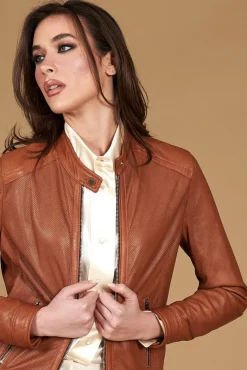 Donna D'Arienzo Linda - Giacca biker in pelle nappa traforata color cuoio effetto liscio