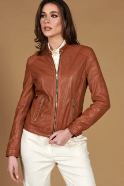 Donna D'Arienzo Linda - Giacca biker in pelle nappa traforata color cuoio effetto liscio