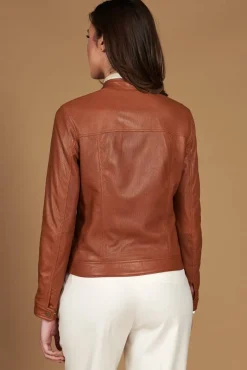 Donna D'Arienzo Linda - Giacca biker in pelle nappa traforata color cuoio effetto liscio
