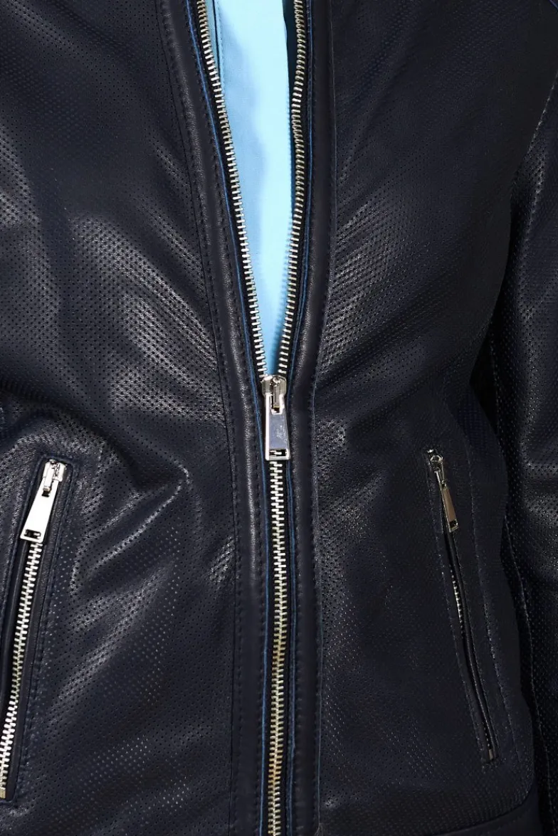 Donna D'Arienzo Linda - Giacca biker in pelle traforata blu effetto liscio