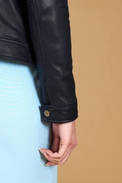 Donna D'Arienzo Linda - Giacca biker in pelle traforata blu effetto liscio