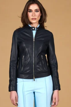 Donna D'Arienzo Linda - Giacca biker in pelle traforata blu effetto liscio