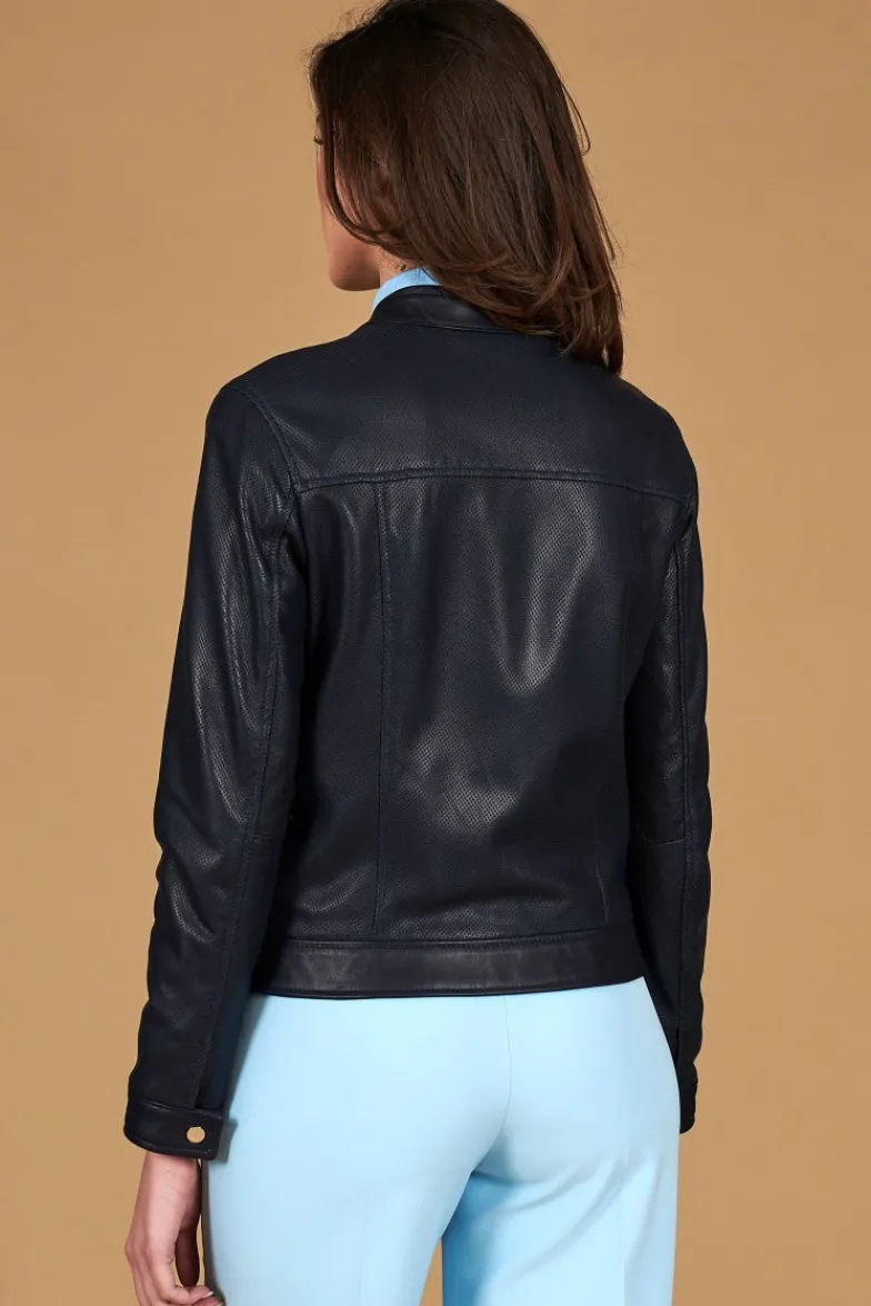 Donna D'Arienzo Linda - Giacca biker in pelle traforata blu effetto liscio