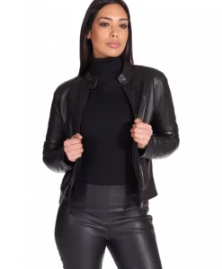 Donna D'Arienzo Linda - Giacca biker in pelle nera nappa effetto liscio