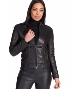 Donna D'Arienzo Linda - Giacca biker in pelle nera nappa effetto liscio