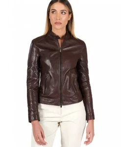 Donna D'Arienzo Linda - Giacca biker in pelle testa di moro effetto vintage