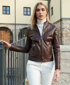 Donna D'Arienzo Linda - Giacca biker in pelle testa di moro effetto vintage