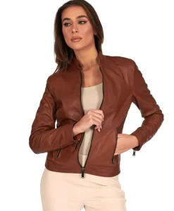 Donna D'Arienzo Linda - Giacca biker in pelle cuoio effetto vintage