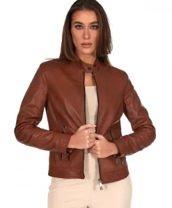 Donna D'Arienzo Linda - Giacca biker in pelle cuoio effetto vintage