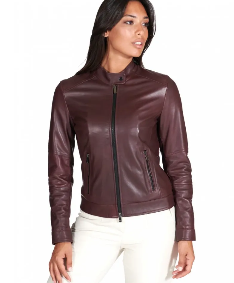 Donna D'Arienzo Linda - Giacca biker in pelle naturale bordeaux effetto liscio