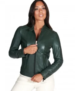 Donna D'Arienzo Linda - Giacca biker in pelle naturale verde effetto liscio
