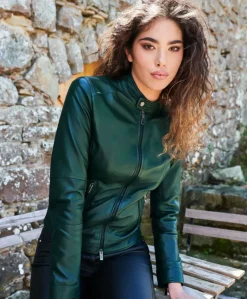 Donna D'Arienzo Linda - Giacca biker in pelle naturale verde effetto liscio