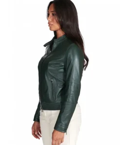 Donna D'Arienzo Linda - Giacca biker in pelle naturale verde effetto liscio