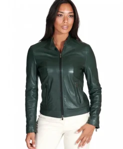 Donna D'Arienzo Linda - Giacca biker in pelle naturale verde effetto liscio