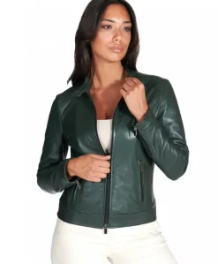 Donna D'Arienzo Linda - Giacca biker in pelle naturale verde effetto liscio