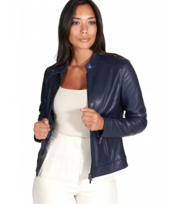 Donna D'Arienzo Linda - Giacca biker in pelle naturale blu effetto liscio