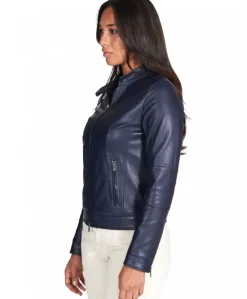 Donna D'Arienzo Linda - Giacca biker in pelle naturale blu effetto liscio