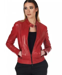 Donna D'Arienzo Linda - Giacca biker in pelle rossa nappa effetto liscio
