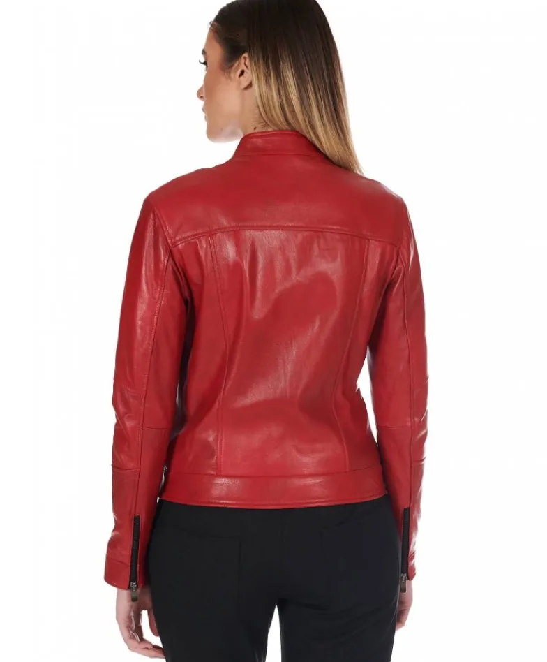 Donna D'Arienzo Linda - Giacca biker in pelle rossa nappa effetto liscio