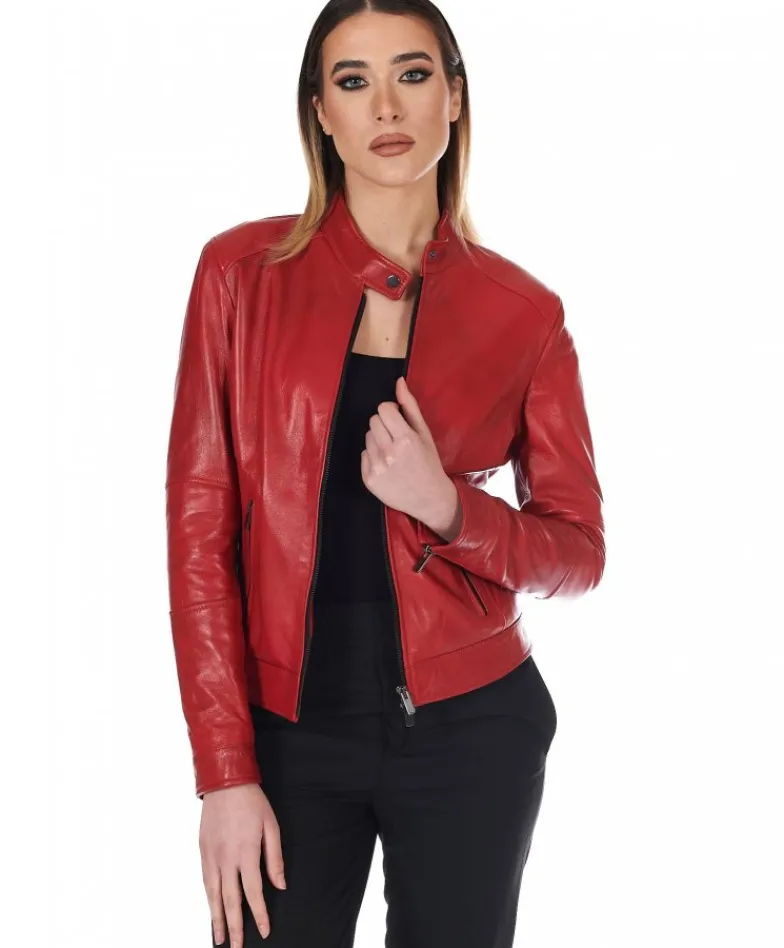Donna D'Arienzo Linda - Giacca biker in pelle rossa nappa effetto liscio